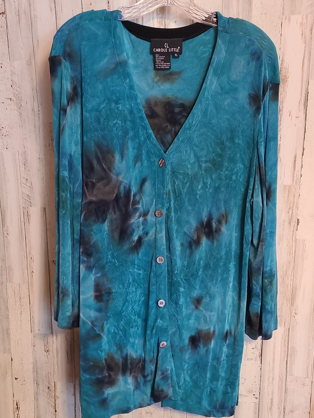 Carole Little Teal & Black Tie-Dye Button Cardigan